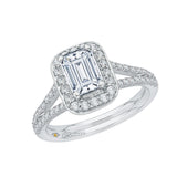 Split Shank Emerald Cut Diamond Halo Engagement Ring in 14K White Gold