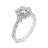 Round Diamond Hexagon Shape Double Halo Engagement Ring in 14K White Gold