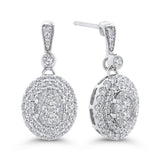 Round Diamond Oval Shape Double Halo Dangle Earrings in 14K White Gold