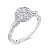 Round & Baguette Cut Diamond Halo Engagement Ring in 14K White Gold