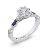 Round Diamond Engagement Ring with Baguette Cut Blue Sapphire in 14K White Gold