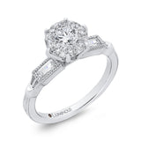 Round and Baguette Cut Diamond Engagement Ring in 14K White Gold