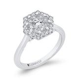 Round Dimaond Hexagon Shape Halo Engagement Ring in 14K White Gold
