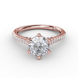 Six - Prong Round Diamond Engagement Ring with 1/2 Diamond Band 