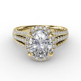 Oval Diamond Halo Engagement Ring With Triple-Row Diamond Band