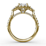 Three-Stone Diamond Halo Engagement Ring With Pear-Shape Side Stones