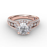 Classic Round Diamond Halo Engagement Ring With Triple-Row Diamond Band