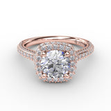Cushion-Shaped Waterfall Halo Engagement Ring With PavÃ© Band