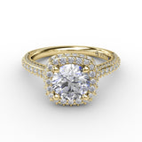 Cushion-Shaped Waterfall Halo Engagement Ring With PavÃ© Band