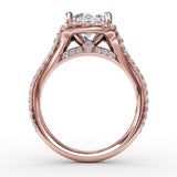 Cushion Halo Engagement Ring With Side Stones and Double-Row Diamond Band