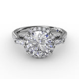 Vintage Round Diamond Halo Engagement Ring With Tapered Baguettes