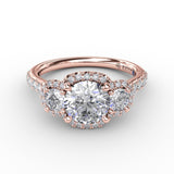Three-Stone Round Diamond Halo Engagement Ring