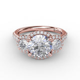 Three-Stone Round Diamond Halo Engagement Ring