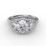 Three-Stone Round Diamond Halo Engagement Ring