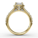 Classic Round Diamond Halo Engagement Ring With Triple-Row Diamond Band