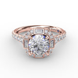 Cushion Shaped Diamond Halo Engagement Ring With Baguettes