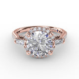 Vintage Round Diamond Halo Engagement Ring With Tapered Baguettes