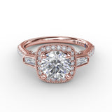 Three-Stone Diamond Halo Engagement Ring With Baguette Side Stones