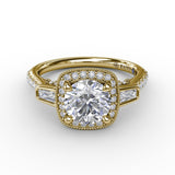 Three-Stone Diamond Halo Engagement Ring With Baguette Side Stones