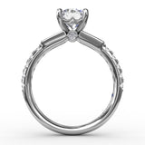 Three-Stone Round Diamond Engagement Ring With Bezel-Set Baguettes and Diamond Band