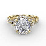 Contemporary Round Diamond Halo Engagement Ring With Twisted Vine Shank