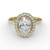 Classic Oval Diamond Halo Engagement Ring With Diamond Band