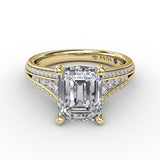 Contemporary Emerald Cut Diamond Solitaire Engagement Ring With Triple-Row Diamond Band