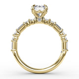 Contemporary Diamond Solitaire Engagement Ring With Baguettes and Round Diamond Accents