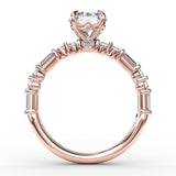 Contemporary Diamond Solitaire Engagement Ring With Baguettes and Round Diamond Accents