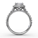 Cushion Shaped Diamond Halo Engagement Ring With Baguettes