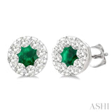 3.3 MM Emerald and 1/2 Ctw Round Cut Diamond Lovebright Precious Stud Earrings in 14K White Gold