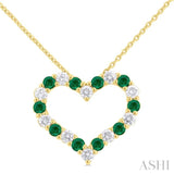 2.3 MM Round Cut Emerald and 1/2 Ctw Open Heart Round Cut Diamond Precious Fashion Pendant With Chain in 14K Yellow Gold