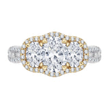 Oval Cut Diamond Three-Stone Halo Engagement Ring in 14K Two Tone Gold (Semi-Mount)
