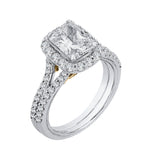 Split Shank Emerald Cut Diamond Halo Vintage Engagement Ring in 14K Two Tone Gold (Semi-Mount)