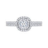 Cushion Cut Diamond Double Halo Cathedral Style Engagement Ring in 14K White Gold