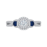 Diamond And Sapphire Three-Stone Halo Engagement Ring in 14K White Gold