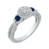 Diamond And Sapphire Three-Stone Halo Engagement Ring in 14K White Gold