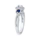 Diamond And Sapphire Three-Stone Halo Engagement Ring in 14K White Gold