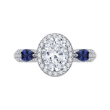 Oval Cut Diamond Halo Engagement Ring with Sapphire in 14K White Gold (Semi-Mount)