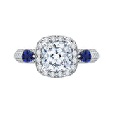 Cushion Cut Diamond Halo Engagement Ring with Sapphire in 14K White Gold (Semi-Mount)