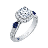 Cushion Cut Diamond Halo Engagement Ring with Sapphire in 14K White Gold (Semi-Mount)