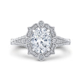 Oval Cut Diamond Halo Vintage Engagement Ring in 14K White Gold (Semi-Mount)