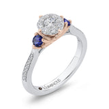 Round Diamond Three-Stone Engagement Ring with Blue Sapphire in 14K Two Tone Gold