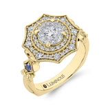 Round Diamond Double Halo Engagement Ring with Blue Sapphire in 14K Two Tone Gold