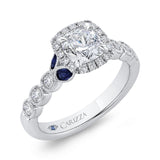 Cushion Cut Diamond Halo Engagement Ring with Sapphire in 14K White Gold (Semi-Mount)