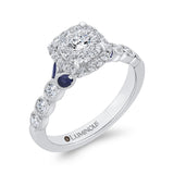 Round Diamond Halo Engagement Ring with Sapphire in 14K White Gold