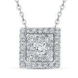Diamond Princess Shape Halo Pendant with Chain 14K White Gold