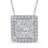 Diamond Princess Shape Halo Pendant with Chain 14K White Gold