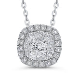Round Diamond Cushion Shape Halo Pendant with Chain 14K White Gold