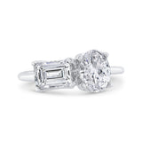 14K White Gold Two Stone Engagement Ring Center with Oval & Emerald Diamond